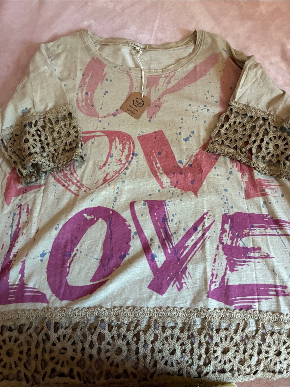 Crochet-Trim LOVE Graphic Tunic Top - Cream & Pink
